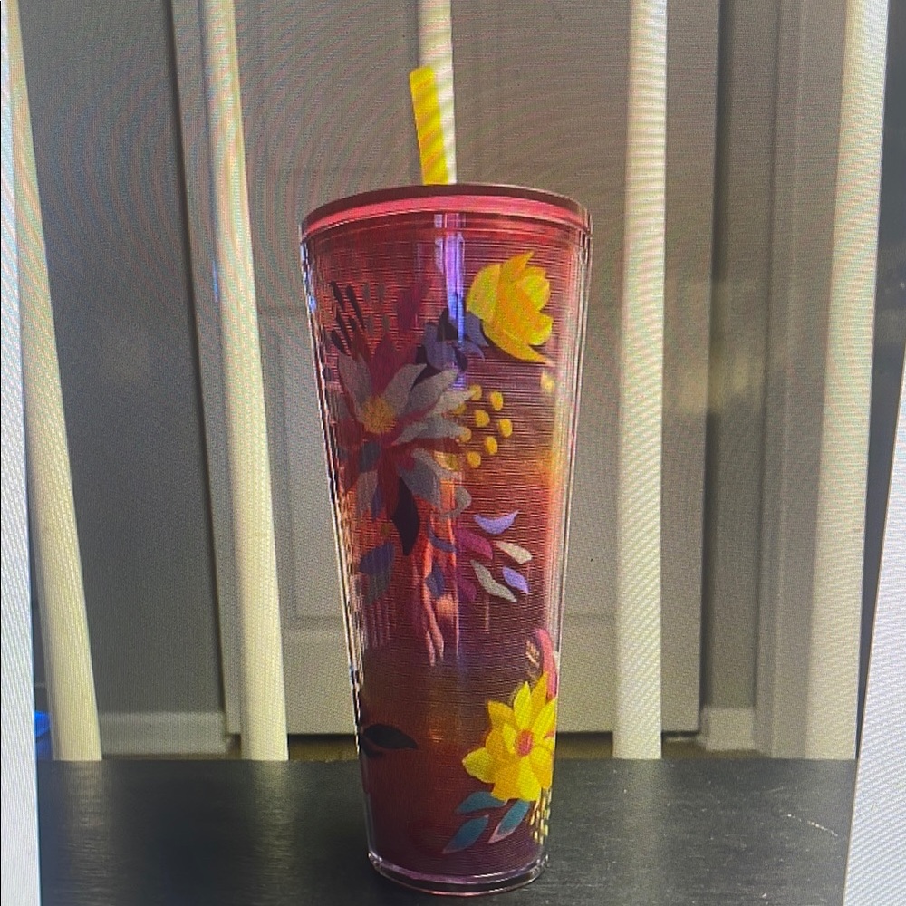 Floral Insulated Tumbler with Straw - Red and Yellow